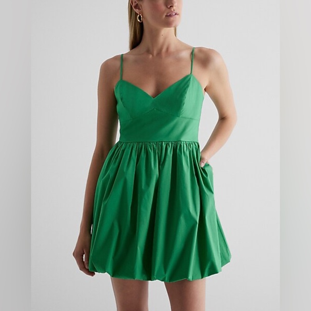NWT Express V-Neck Poplin Mini Bubble Dress Green Spaghetti Strap New